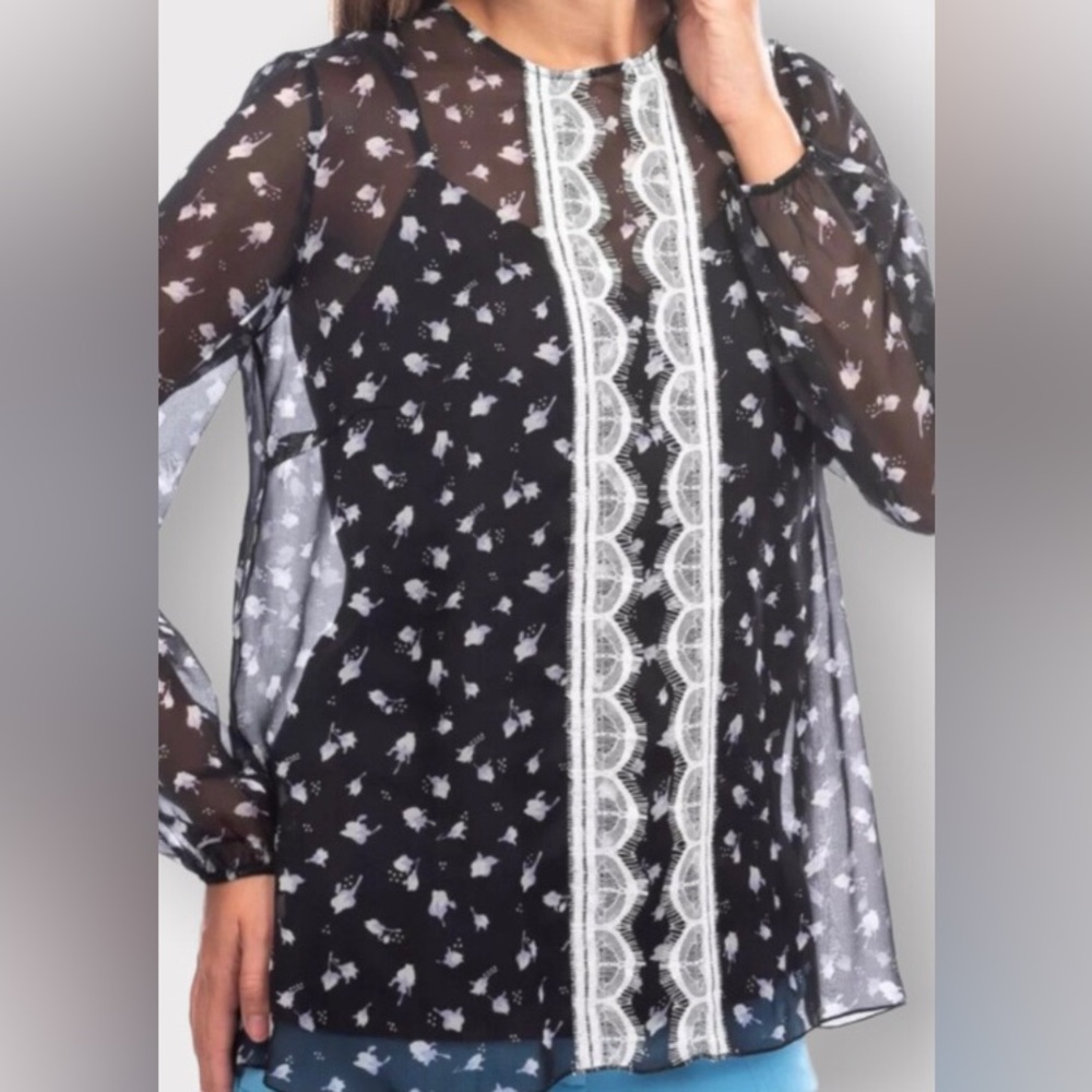 BLUGIRL FOLIES, Silk Chiffon Lace Trim Blouse with Inner Cami, Size 8